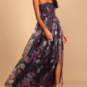 Lulus Wonderful Waltz Purple Floral Print Strapless Bustier Maxi Dress - Size M